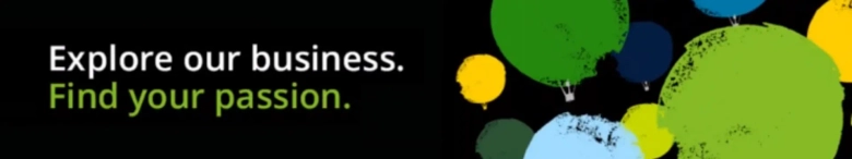 black background with green circles and the text explore our business, find your passion