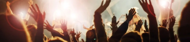 People dancing at a concert with their hands in the air