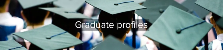 Graduates wearing caps at a ceremony with the text 'Graduate profiles' overlayed
