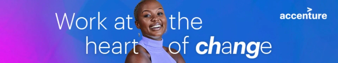 Smiling woman with a confident expression in front of a blue background with the text "Work at the heart of change" and Accenture logo.