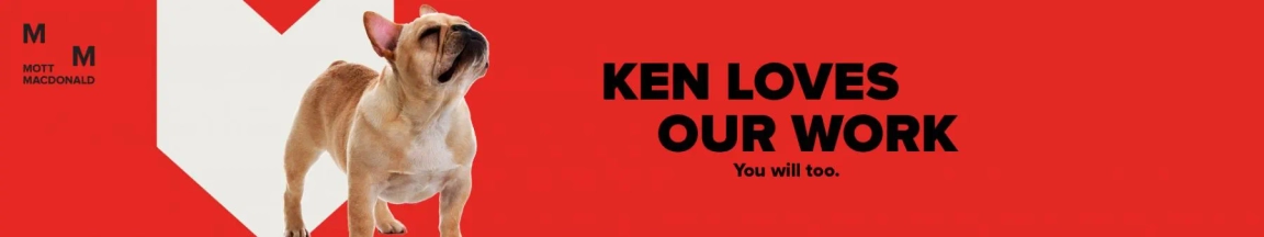 French Bulldog with eyes closed and head tilted back against a red background with text "KEN LOVES OUR WORK You will too."