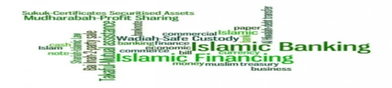 Word cloud with terms related to Islamic finance such as "Islamic Banking," "Sukuk," "Mudharabah," and "Profit Sharing."