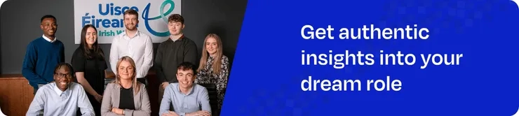 Group of Uisce Éireann staff seated and standing in an office setting, with text reading “Get authentic insights into your dream role."