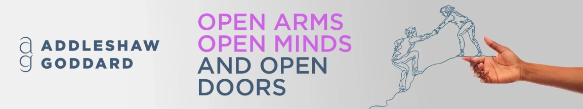 Addleshaw goddard logo Open Arms Open Minds and Open Doors banner 