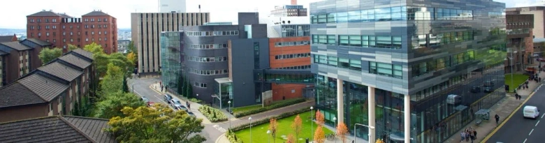 Panoramic view of University of Strathclyde campus with modern buildings and green spaces.