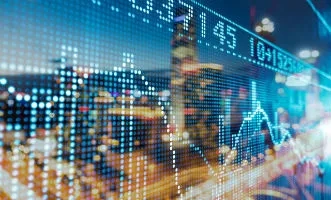 Stock market exchange data overlay on a blurred cityscape background, symbolizing corporate finance.