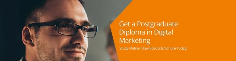 Confident young professional wearing glasses with promotional text for a Postgraduate Diploma in Digital Marketing.