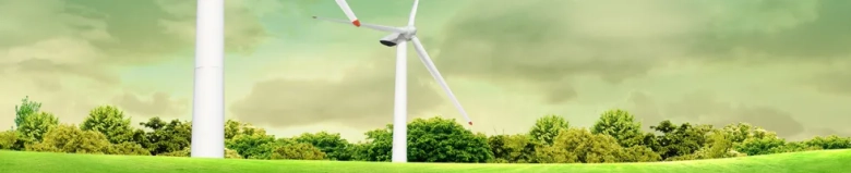 Wind turbine in a green field under a cloudy sky, symbolizing sustainable energy training and careers.