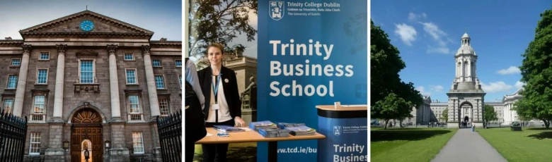 Collage of Trinity College Dublin's facade, a staff member at a Trinity Business School information booth, and the iconic Campanile bell tower.