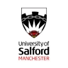 Logo of the University of Salford featuring a shield with a red rose and an open book, with the name of the university beneath.