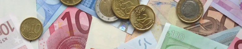 Assorted euro banknotes and coins spread out, symbolizing potential earnings in the construction sector.