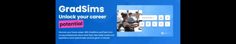 Image of GradSims graphic with graduate sitting at desk at laptop