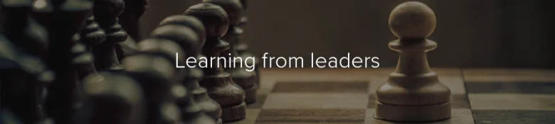 Chess pieces on a board with a single pawn in focus and the phrase "Learning from leaders" displayed above.