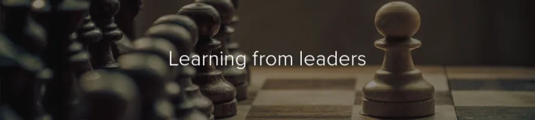Chess pieces on a board with a single pawn highlighted, symbolizing leadership and strategy, accompanied by the text "Learning from leaders".