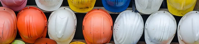 Collection of colourful safety helmets