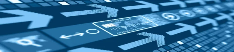 Close-up of a credit card on a digital background with directional arrows, symbolizing online banking transactions.